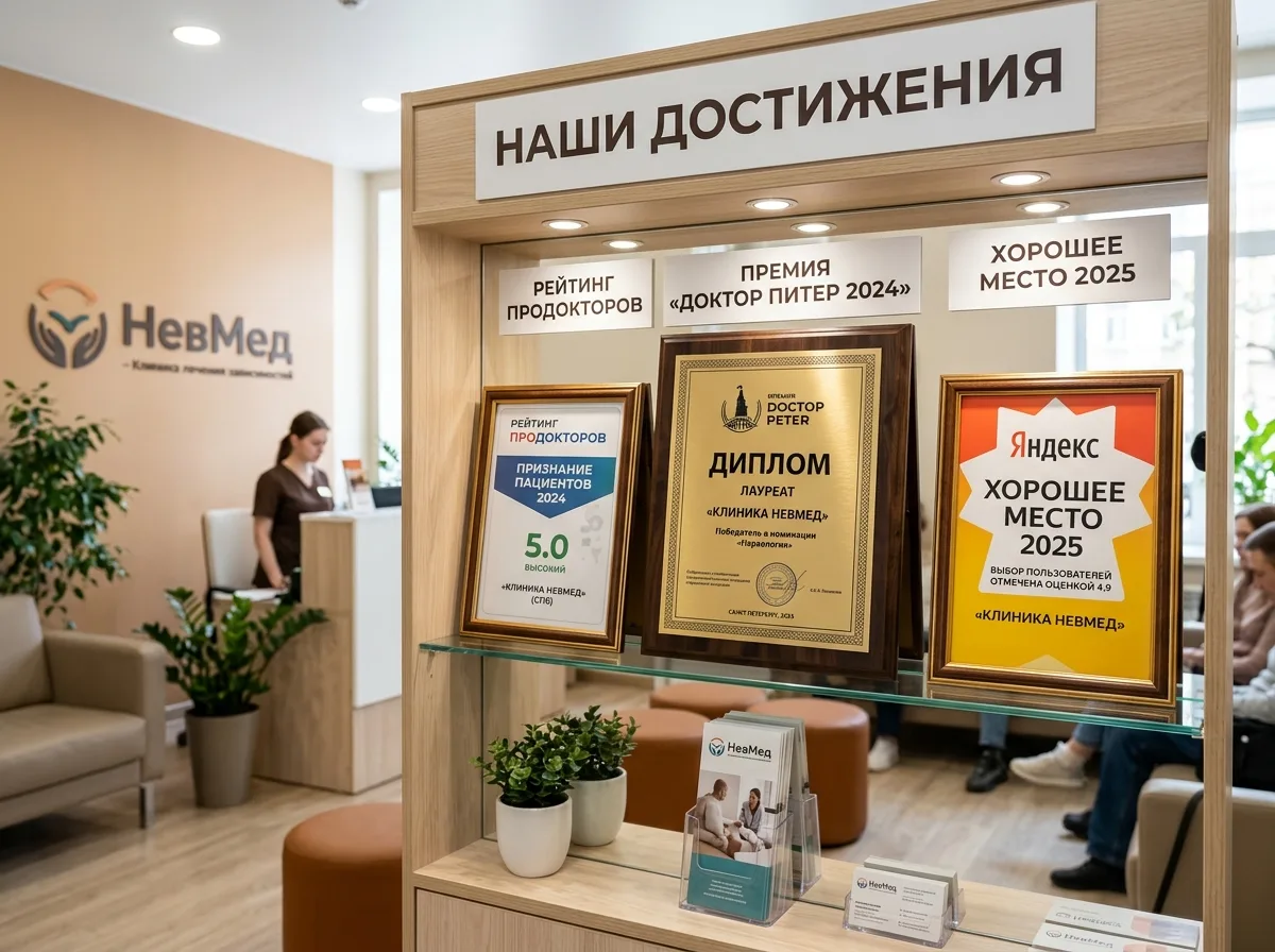 Награды и дипломы наркологической клиники НевМед — Доктор Питер 2024, ПроДокторов рейтинг, Яндекс Хорошее место 2025 на стенде клиники