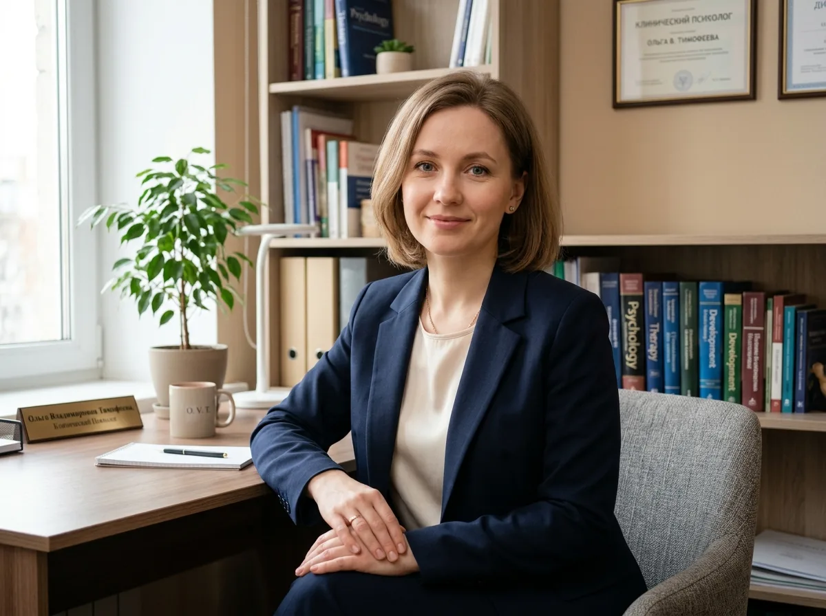 Портрет клинического психолога Ольги Владимировны Тимофеевой — женщина 35 лет, мягкое выражение лица, профессиональная одежда